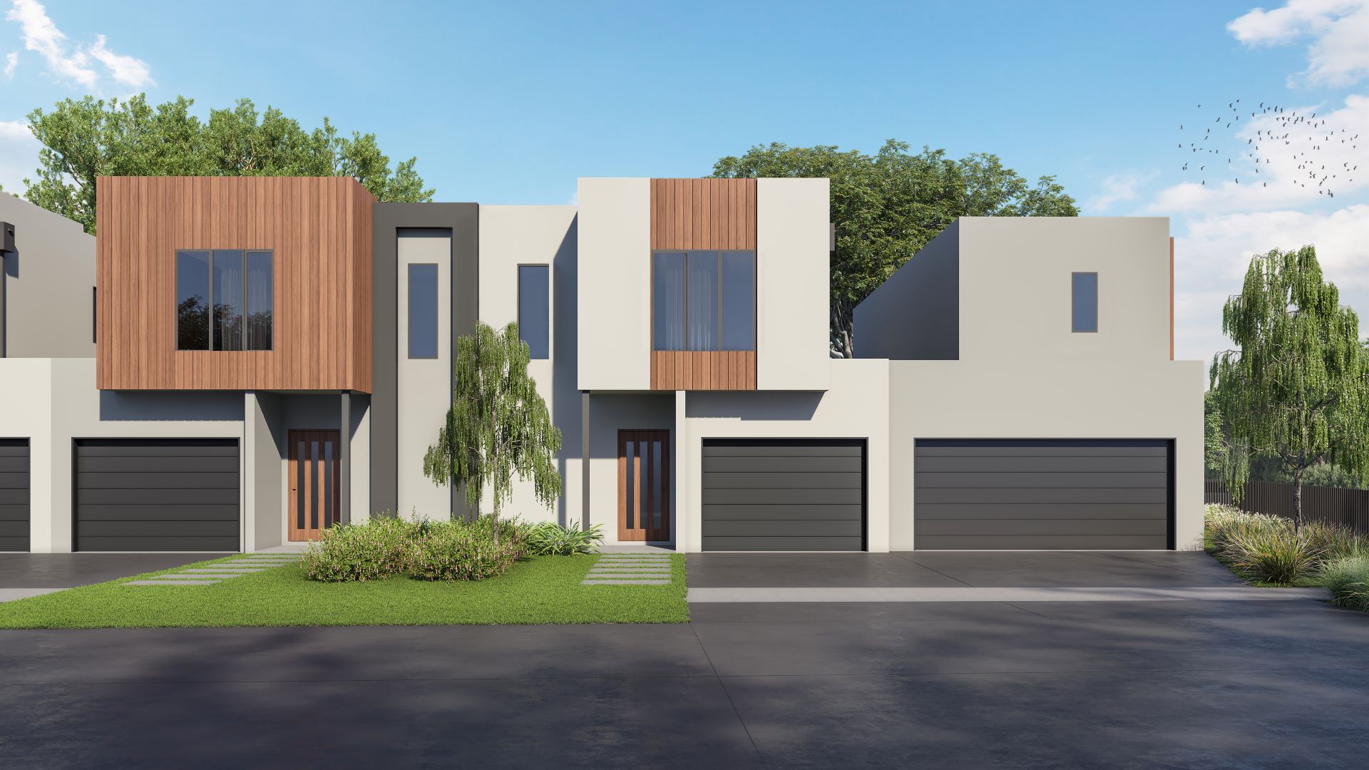 Street-facing view of modern townhouses at Enclave Truganina